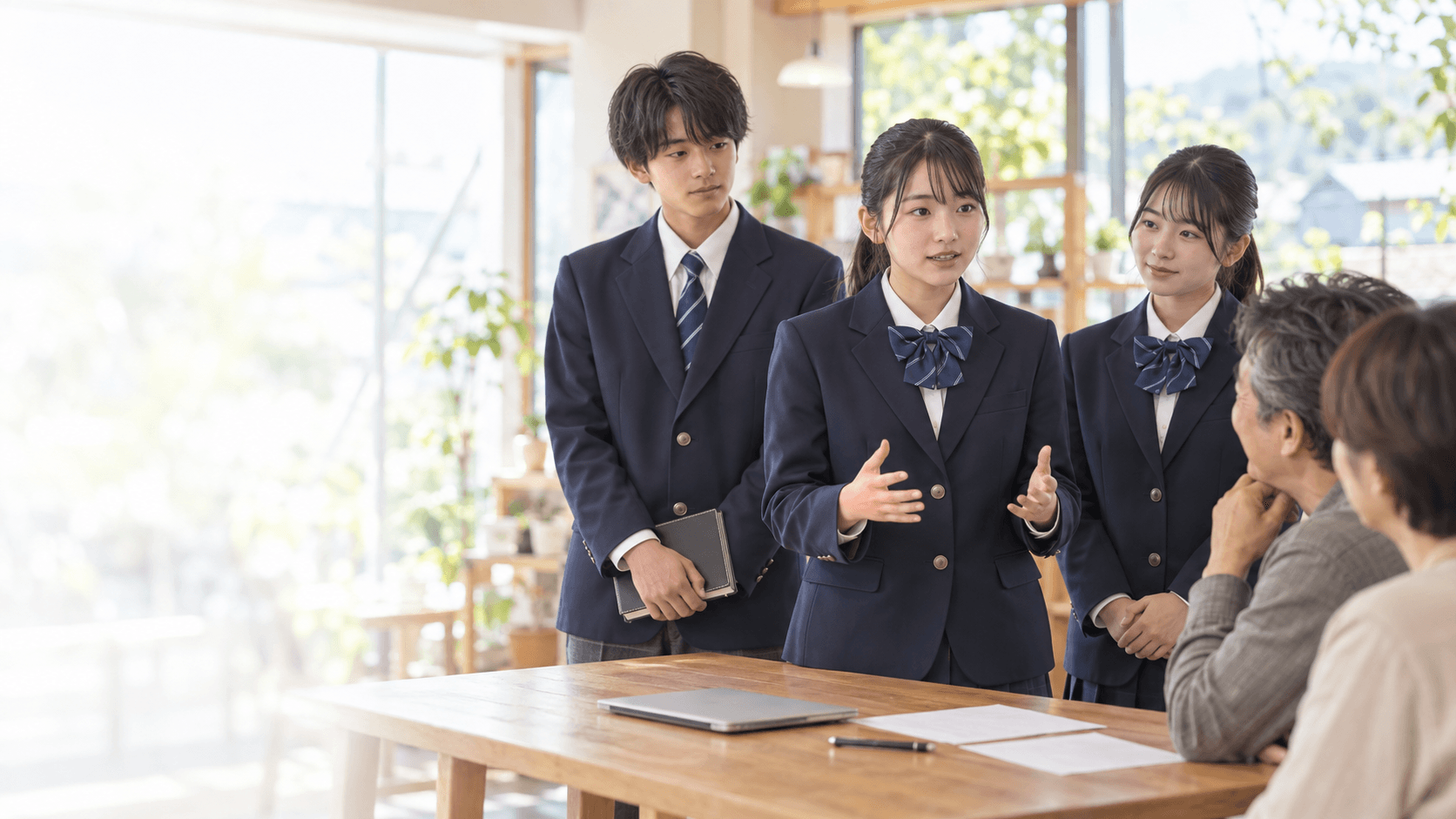 地域の大人に自分たちのアイデアを伝える高校生のイメージ