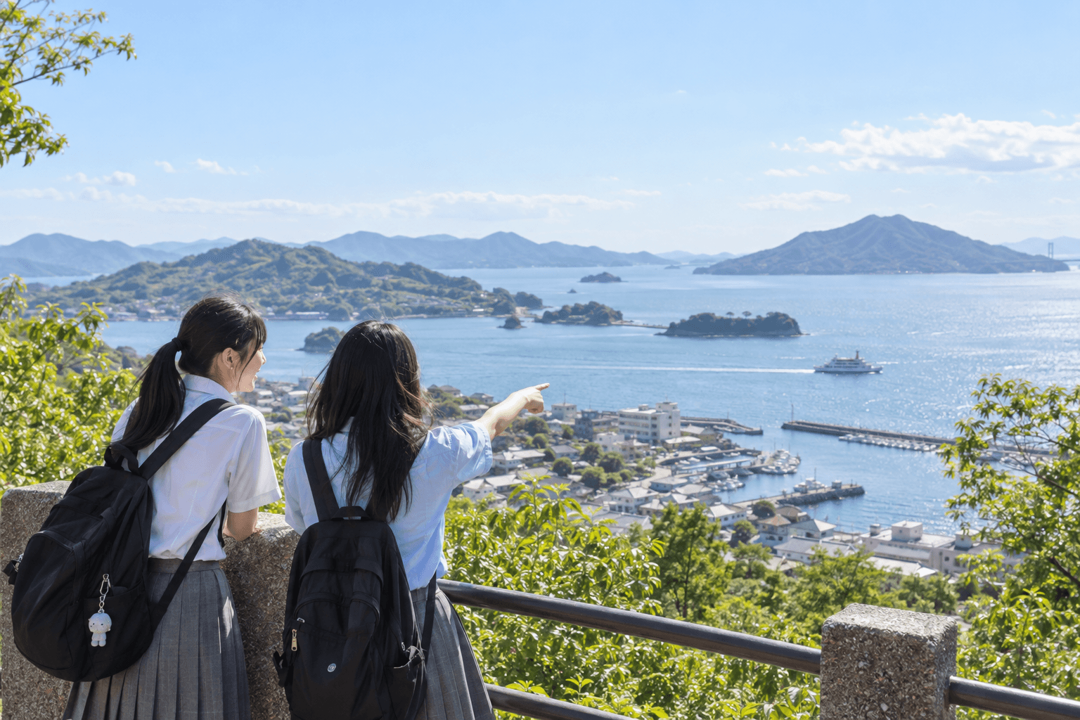 海と街を見渡し、遠くの船を指さす高校生たちのイメージ
